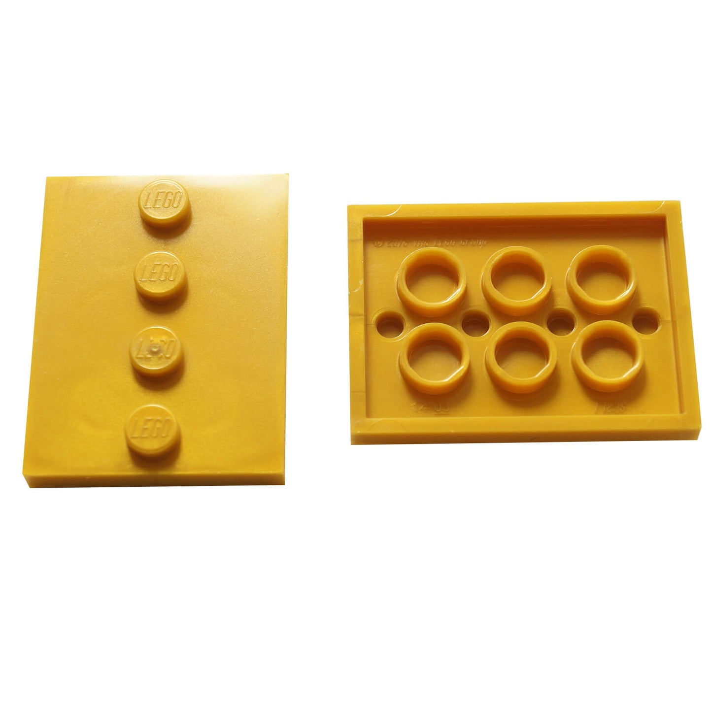 Pearl gold LEGO® modified 3 x 4 tile with four centered studs, ideal for decorative builds and detailing
