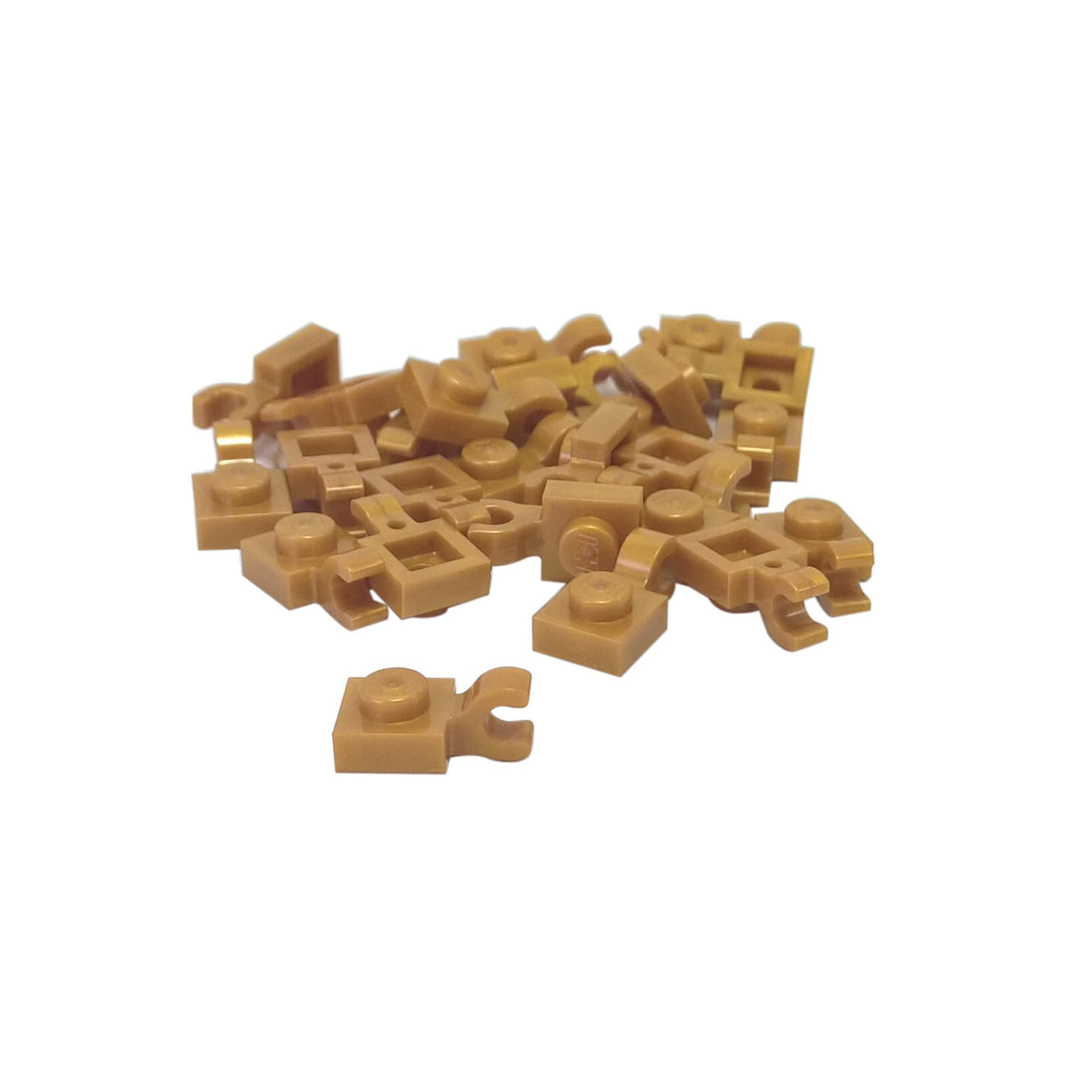 Pearl gold LEGO® modified plate 1 x 1 part 61252 shown from two angles with single stud and open horizontal O clip