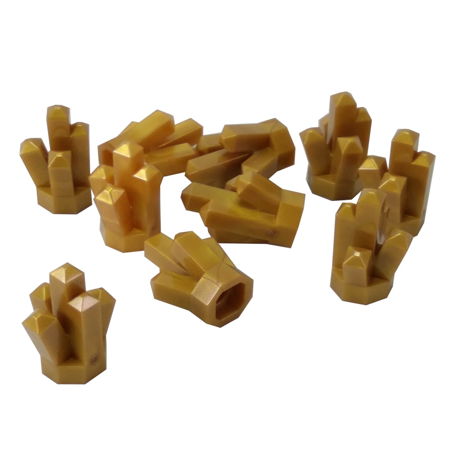 Multiple LEGO® pearl gold Rock 1 × 1 Crystal 5 Point elements shown from various angles