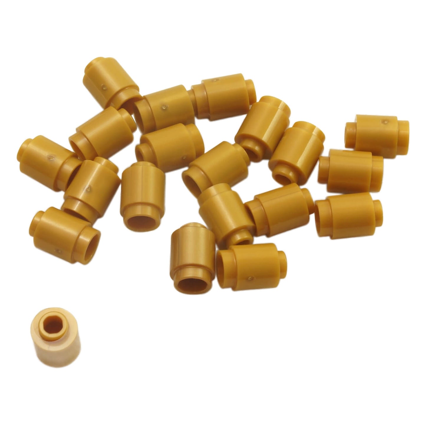 Pearl gold round 1 x 1 brick part 3062 with metallic finish for LEGO® building details and accents
