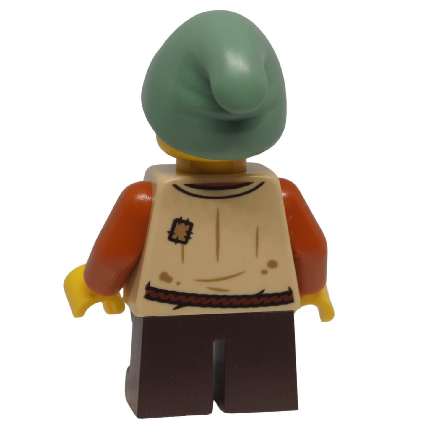 Rear view of LEGO® Peasant Boy minifigure cas584 showing back torso printing and sand green slouch hat
