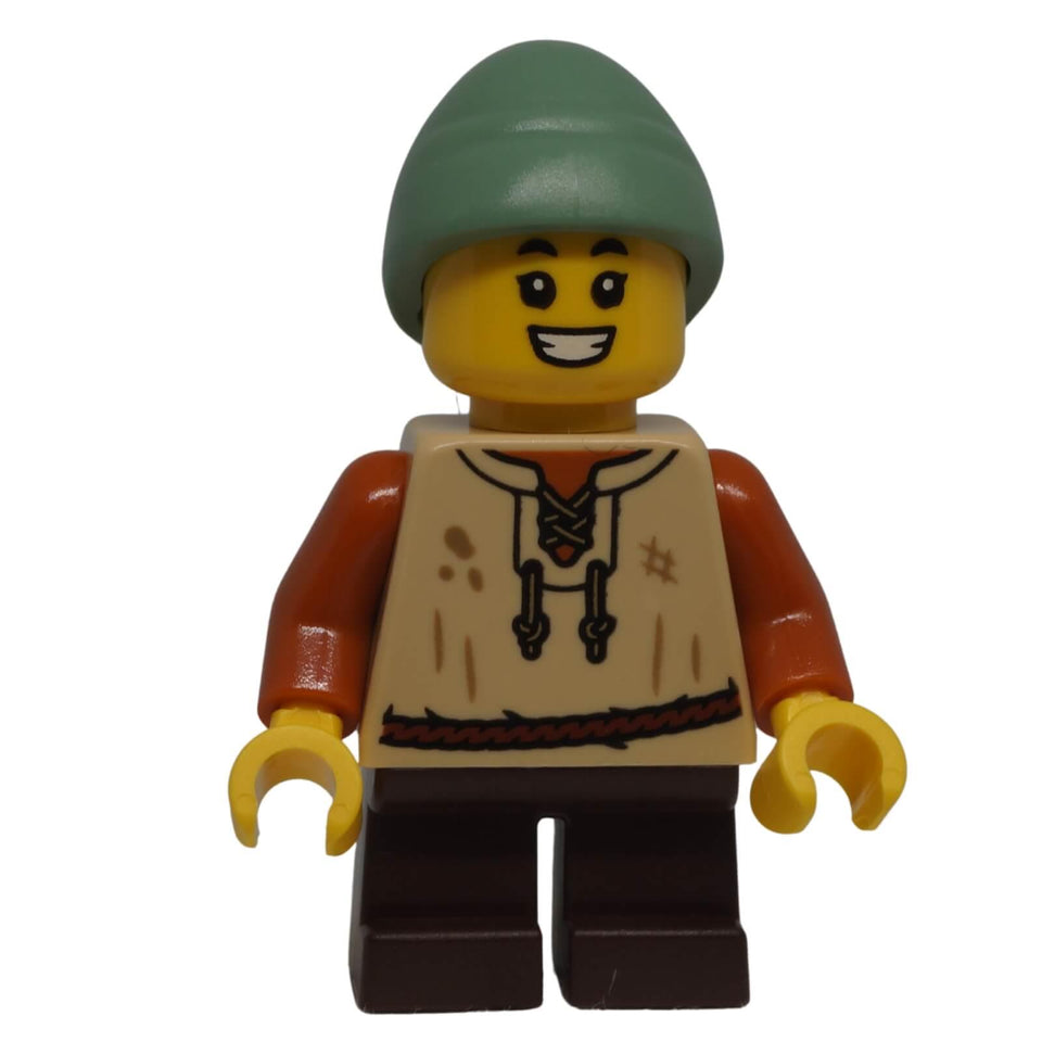 Front view of LEGO® Peasant Boy minifigure cas584 with sand green slouch hat and printed tan tunic