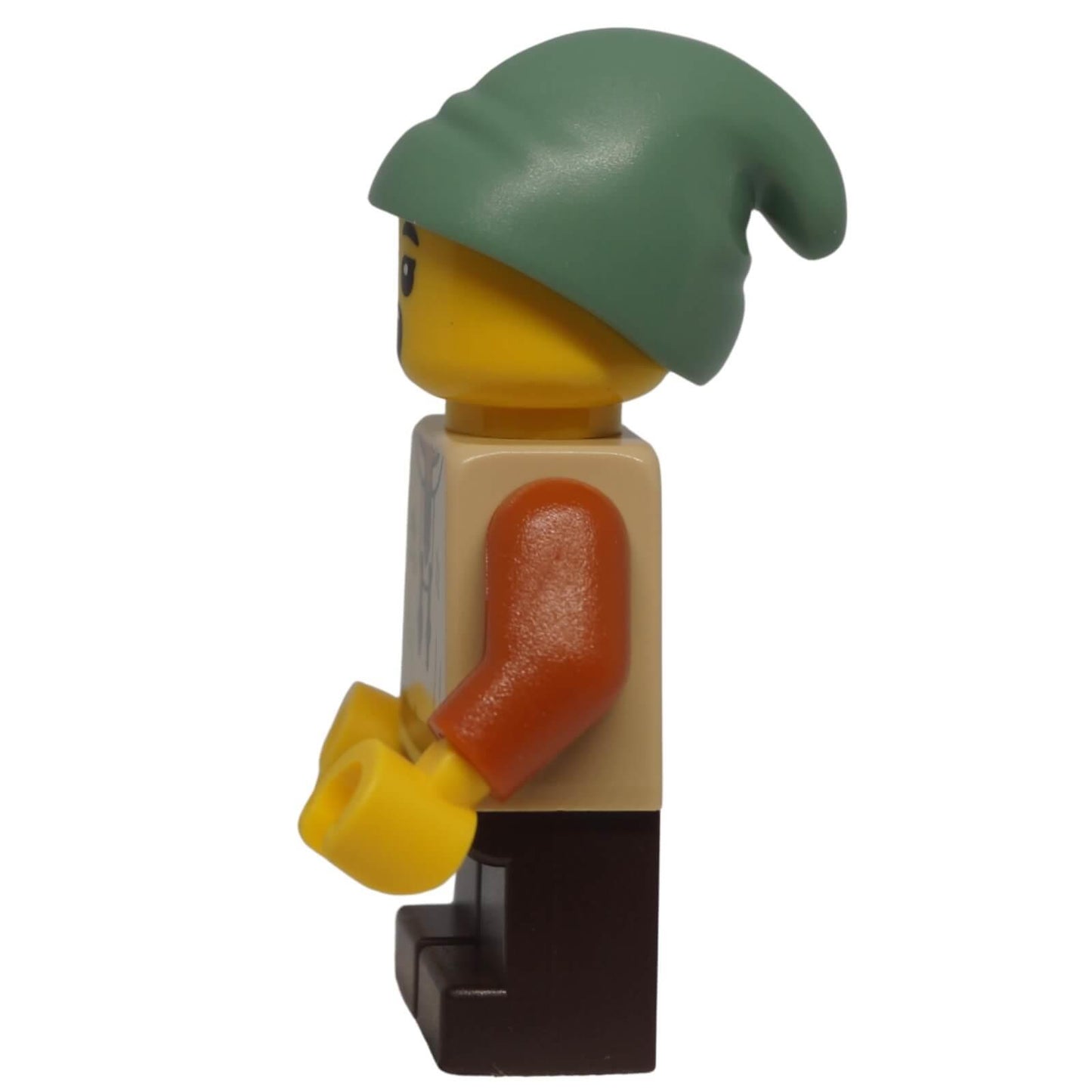 Side view of LEGO® Peasant Boy minifigure cas584 with sand green slouch hat