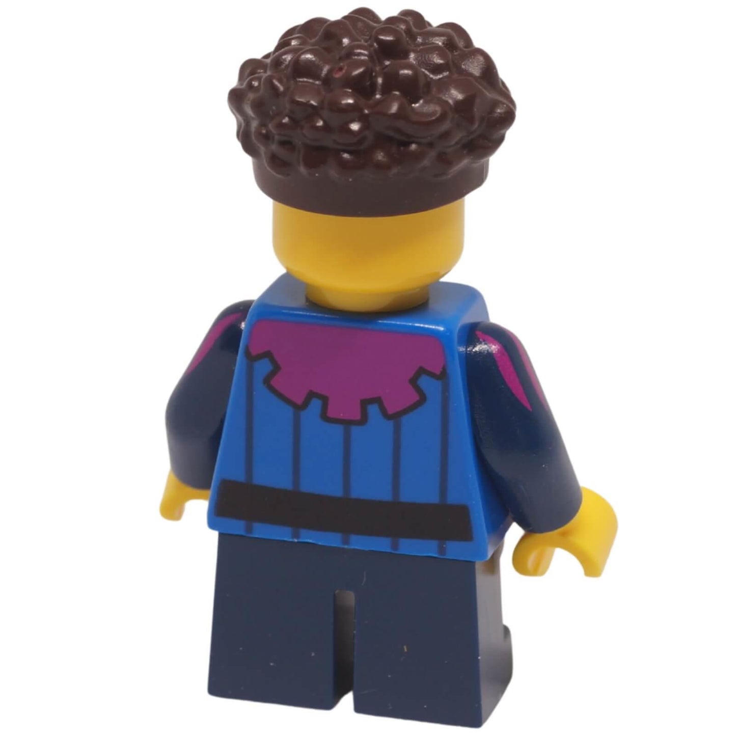 Back view of a peasant child minifigure with curly hair and a blue tunic with printed details.
