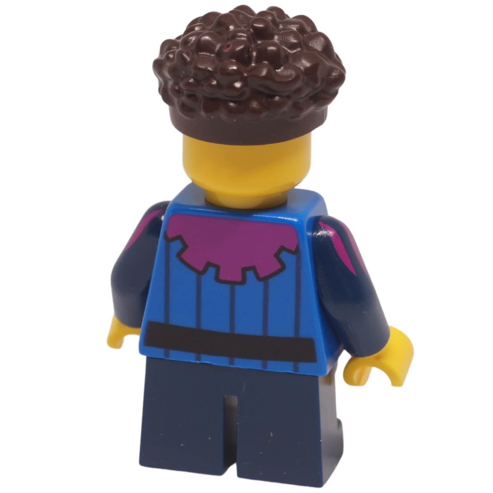 Back view of a peasant child minifigure with curly hair and a blue tunic with printed details.
