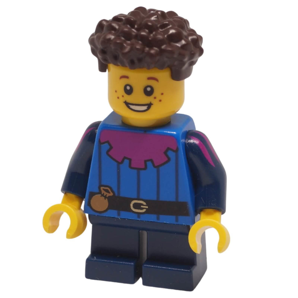 Smiling peasant child minifigure with curly hair, blue tunic and belt, shown from the front.
