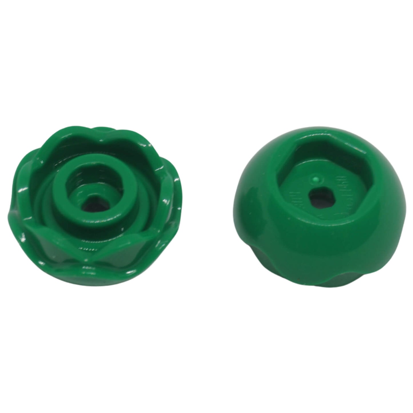 green LEGO® peony rose flower element 5904 with open centre stud and underside pin hole.