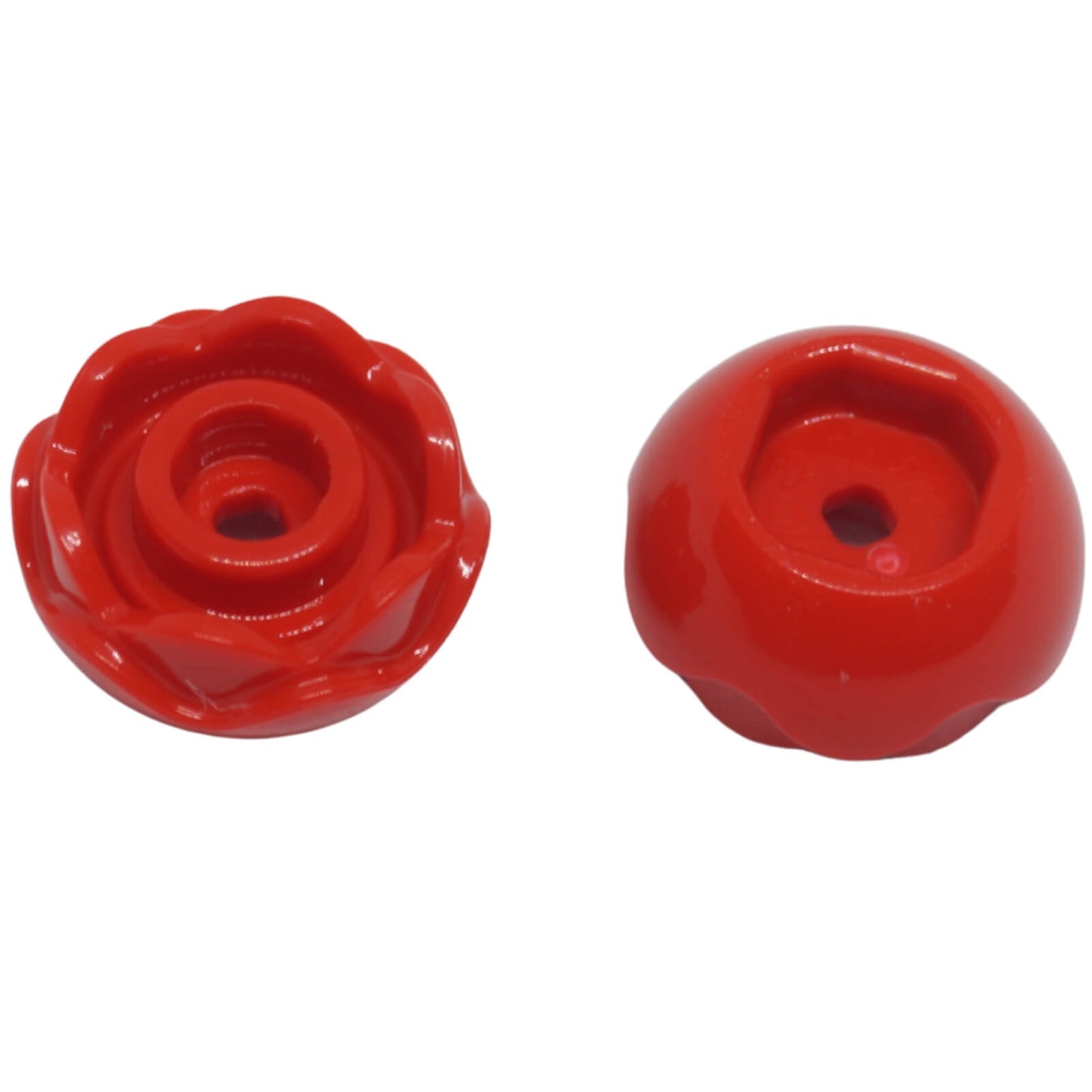 Red LEGO® peony rose flower element 5904 with open centre stud and underside pin hole.