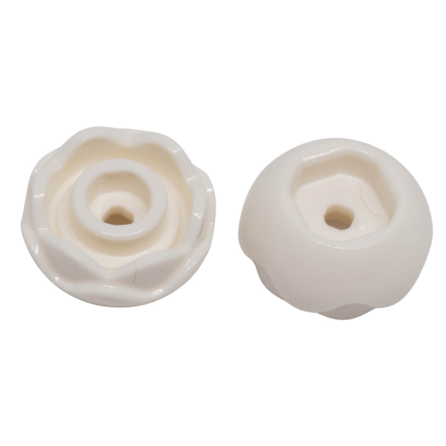 White LEGO® peony rose flower element 5904 with open centre stud and underside pin hole.