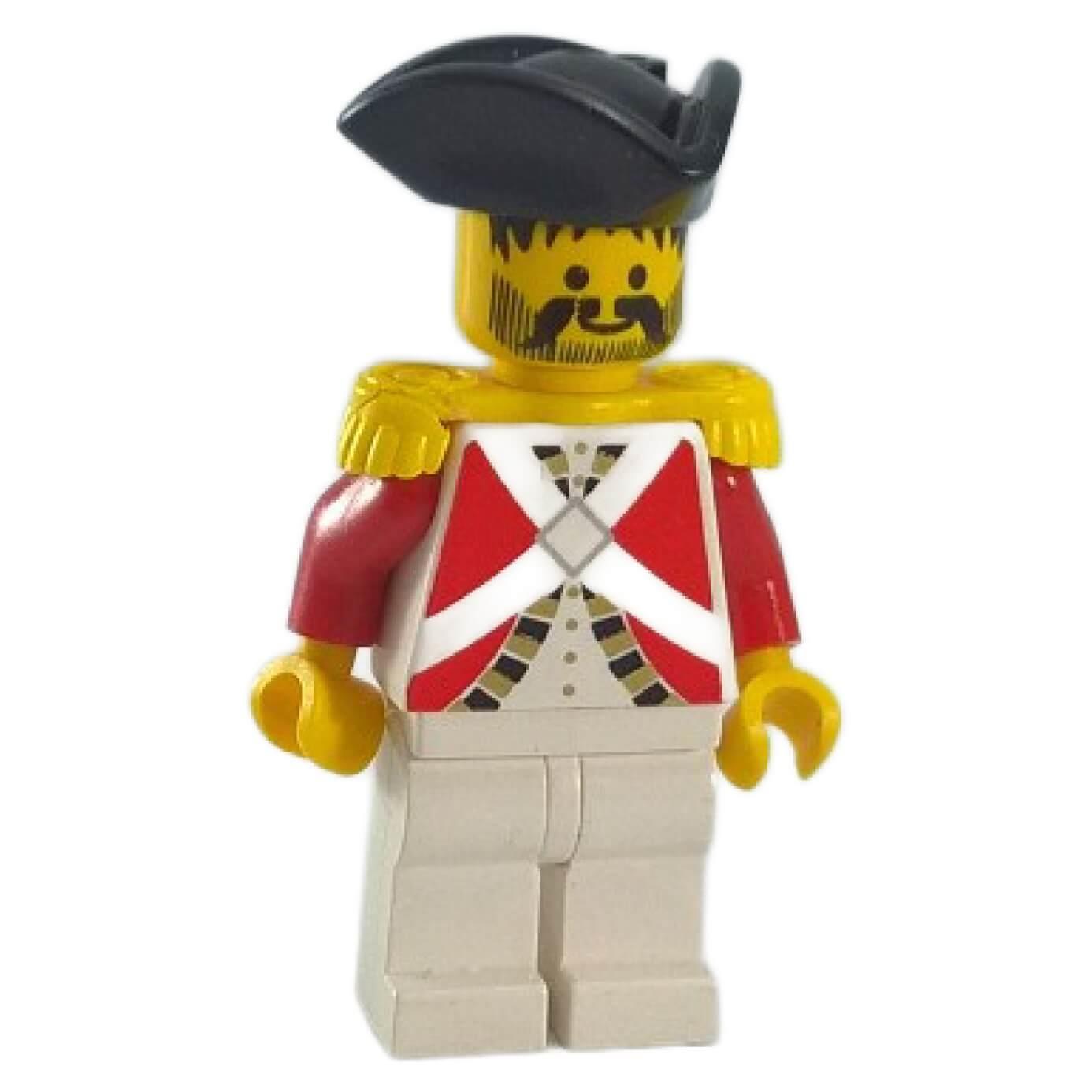 LEGO® Imperial Guard Officer minifigure with red uniform, white cross straps, yellow epaulets, tan legs, black tricorn hat, and a bearded face print.