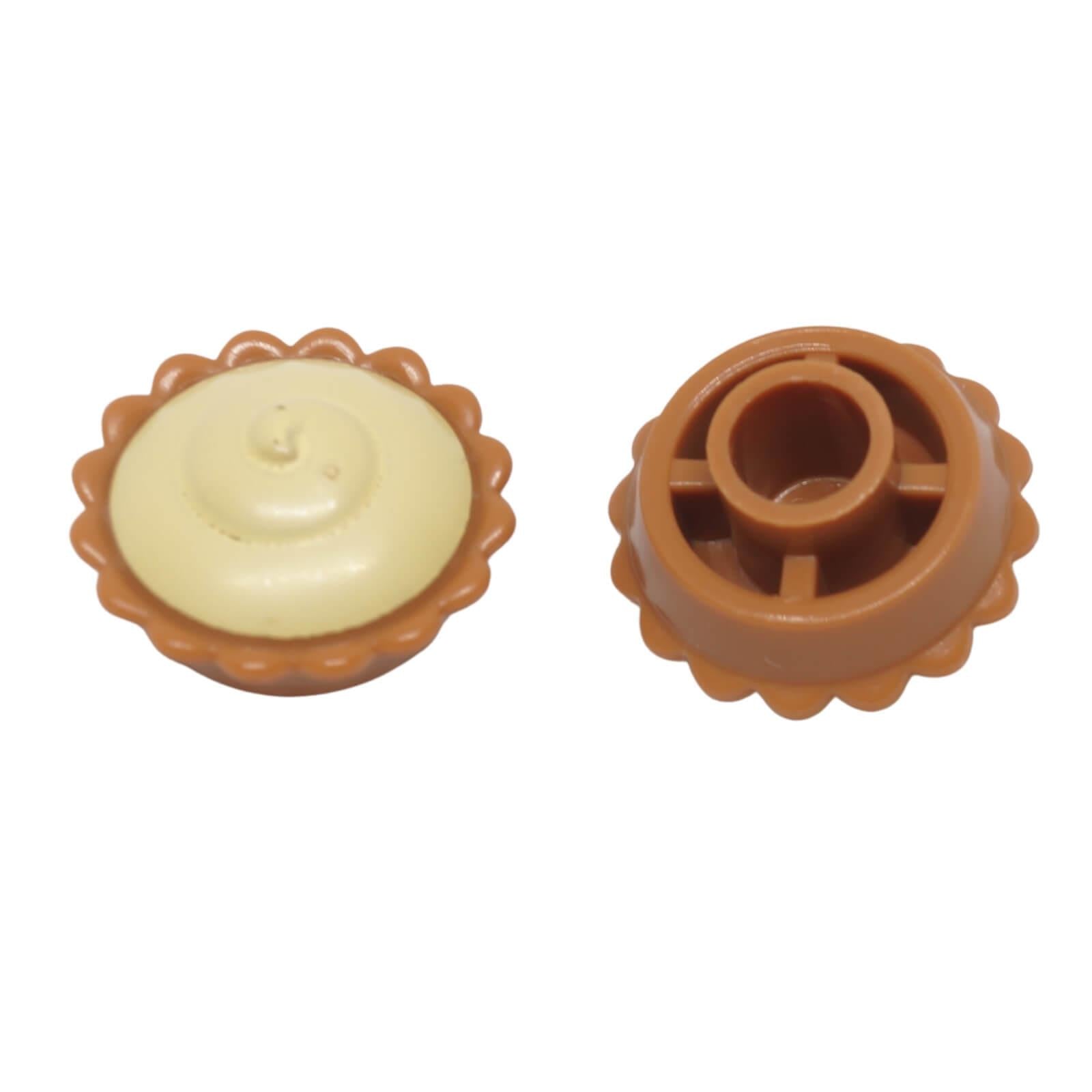 LEGO pie with cream filling part 93568pb02 with medium nougat crust and bright light yellow filling shown from top and underside