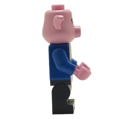 Side view of LEGO® Pigsy minifigure mk109 with blue open robe torso, dark blue medium legs and pig head from Monkie Kid