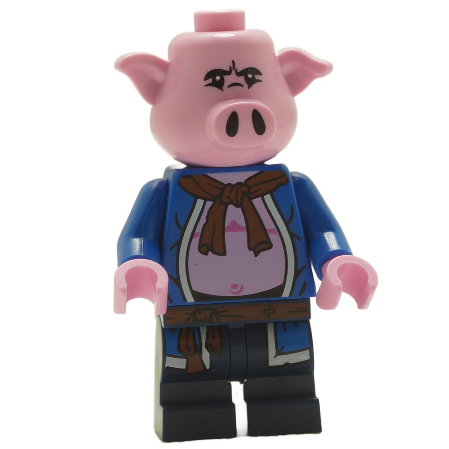 LEGO minifigure with a pig head design, wearing a blue open robe with a brown sash and dark blue legs.