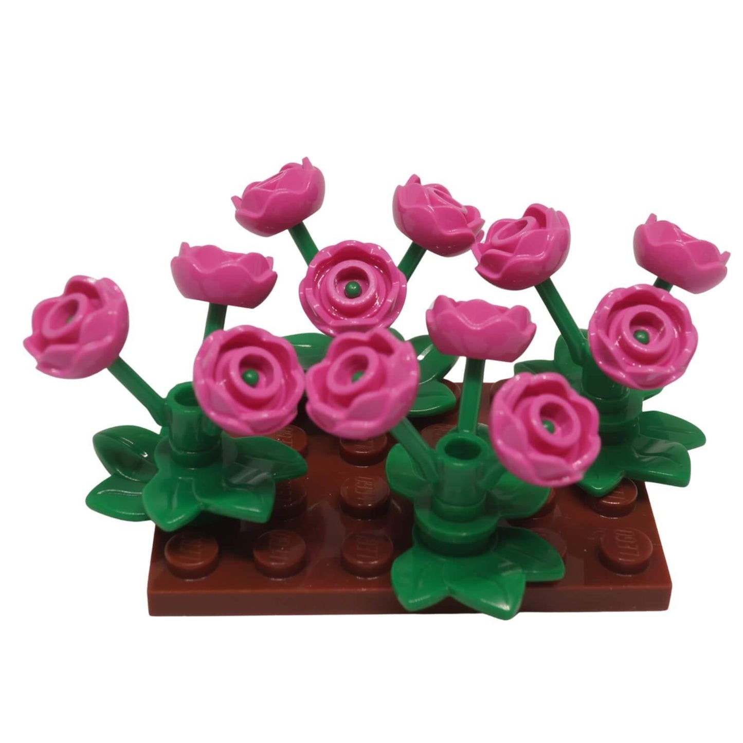 LEGO pink rose flower garden display build with green plant stems and reddish brown base