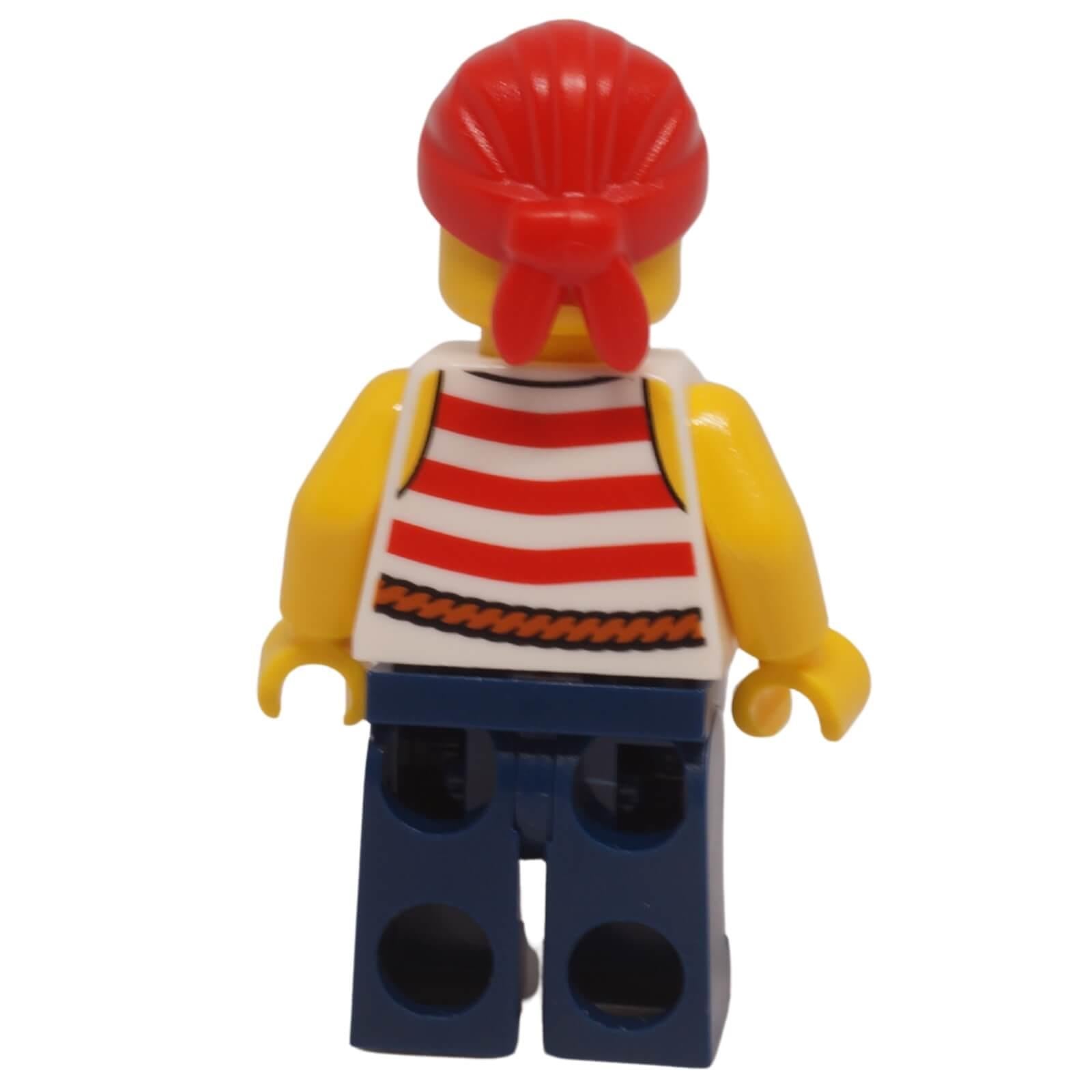 LEGO pirate minifigure with red bandana striped shirt and dark blue legs, back profile