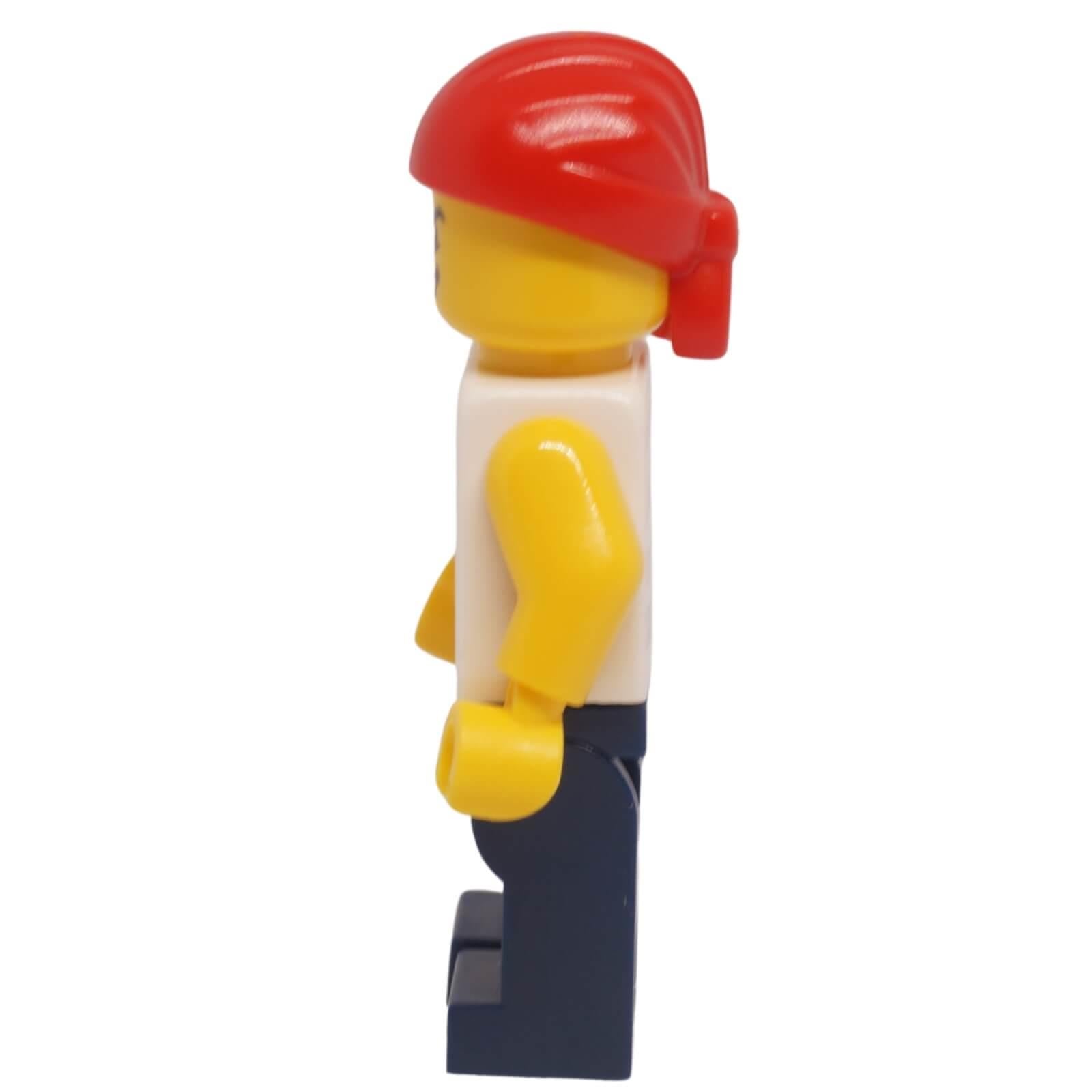 LEGO pirate minifigure with red bandana striped shirt and dark blue legs side profile view