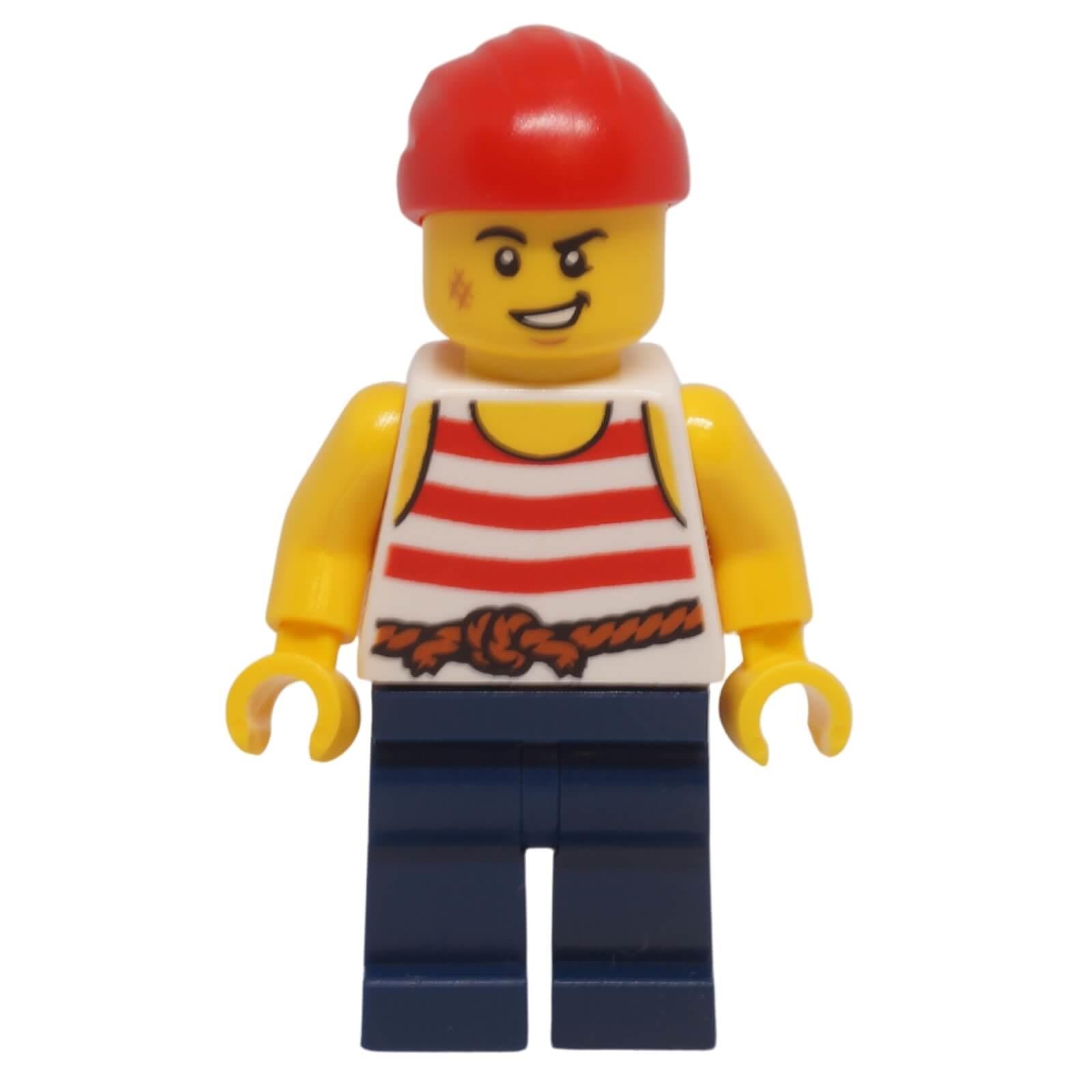 LEGO pirate minifigure with red bandana striped shirt and dark blue legs