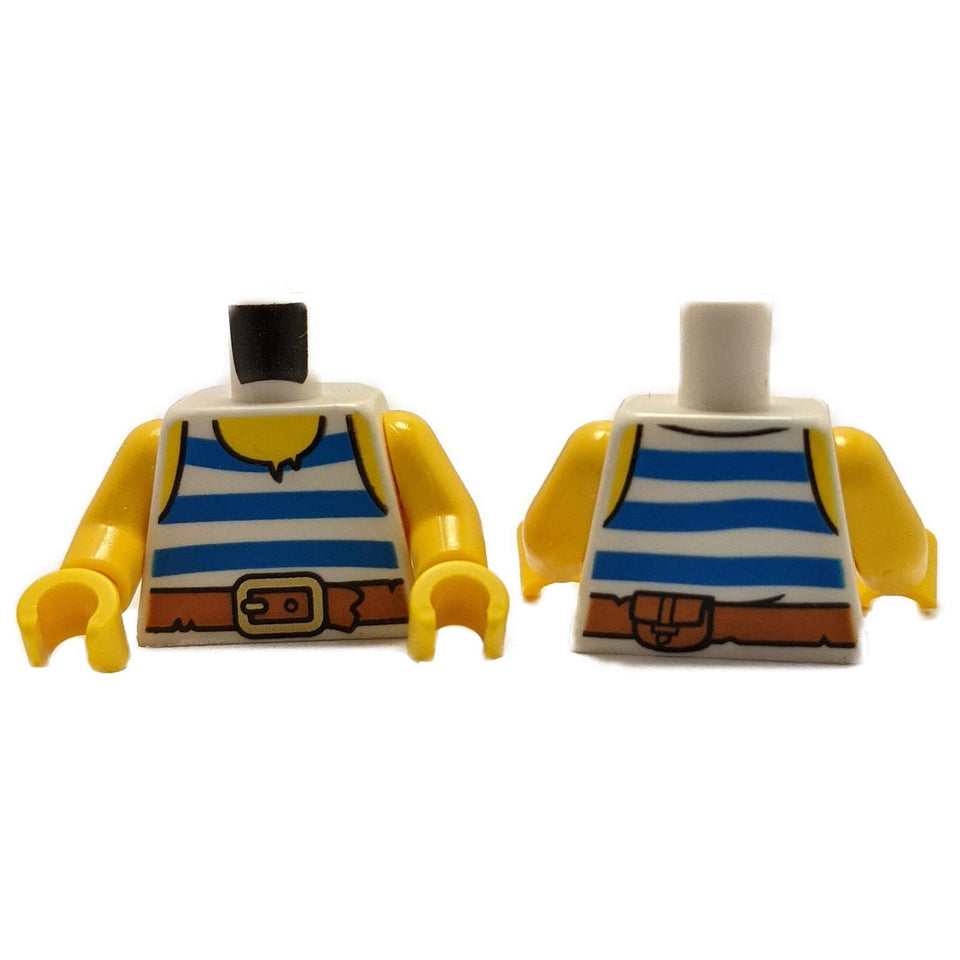 LEGO® pirate tank top torso with blue stripe print, dark orange belt, gold buckle and back pouch detail