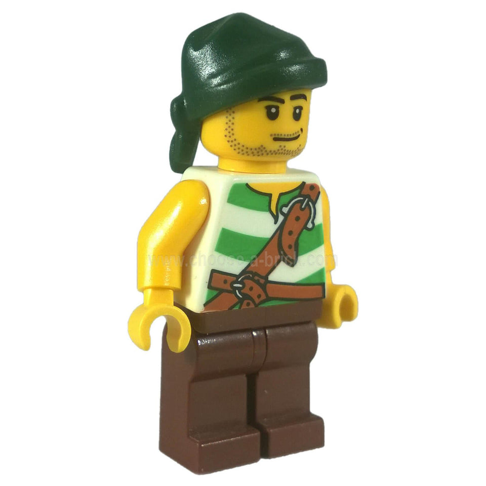 LEGO Pirate Minifigure pi094 with Green Striped Shirt Dark Green Bandana and Reddish Brown Legs