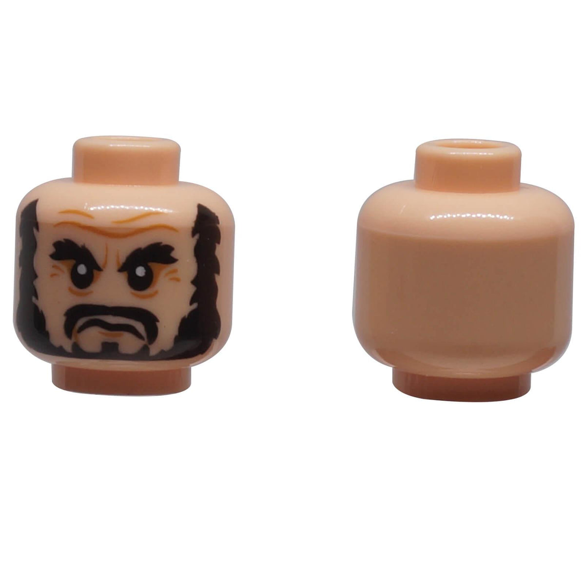 LEGO® Pirates of the Caribbean head 3626pb0565 shown front and back with bushy eyebrows, black beard, moustache, wrinkles and frown