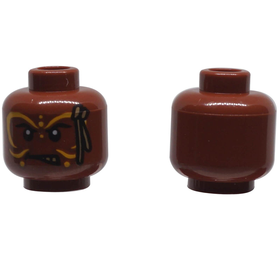 LEGO® Pirates of the Caribbean head 3626pb0573 shown front and back with yellow face paint, black eyes and decorative facial markings