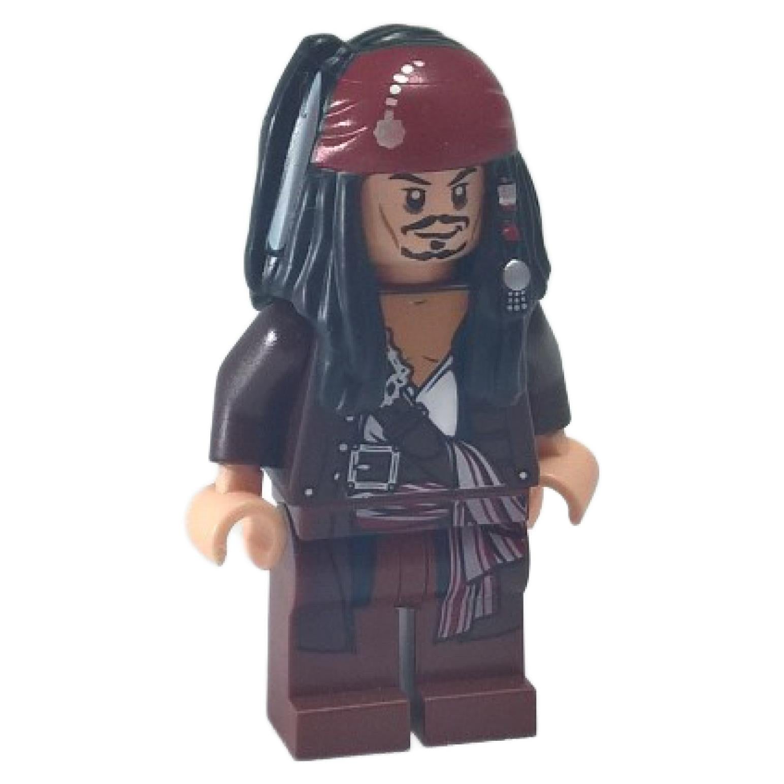 LEGO Pirates of the Caribbean minifigur Kapten Jack Sparrow poc034 iförd sin mörkröda bandana med svart hårdel och en mörkbrun jacka. Främre vy.