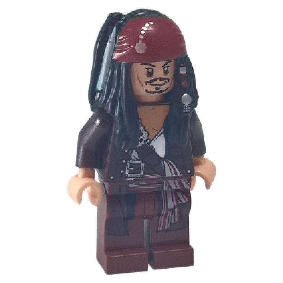LEGO Pirates of the Caribbean Captain Jack Sparrow minifigure poc034 wearing his dark red bandana with black hair piece and a dark brown jacket. Front view.