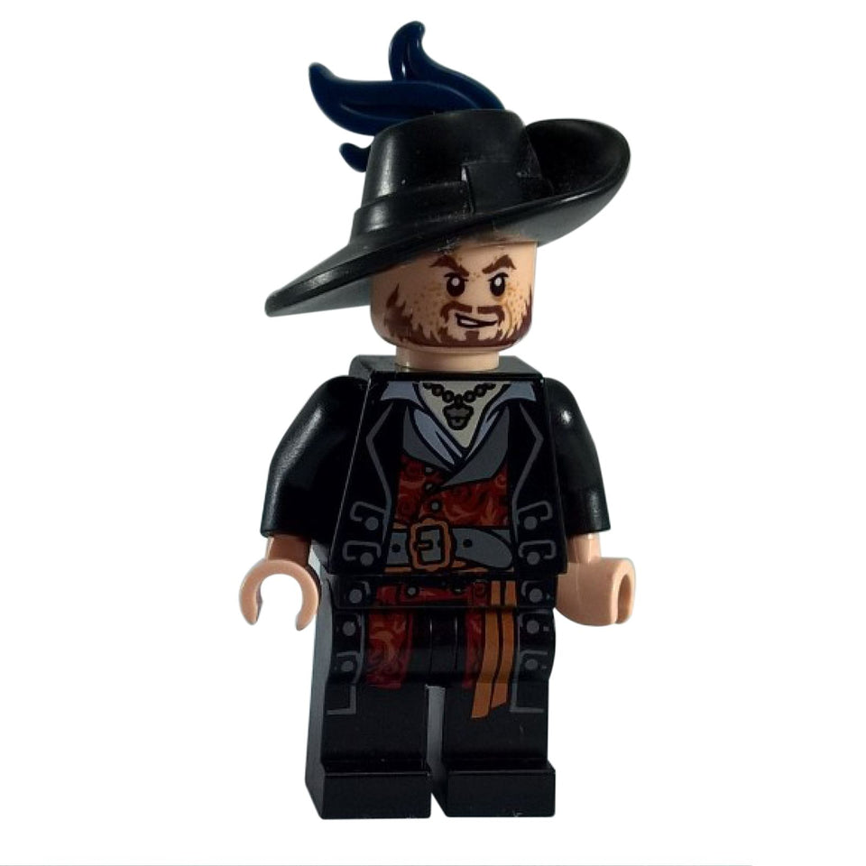 LEGO Pirates of the Caribbean Hector Barbossa minifigure poc004, wearing a black pirate hat with a dark blue plume and a detailed red and black jacket. Front view.