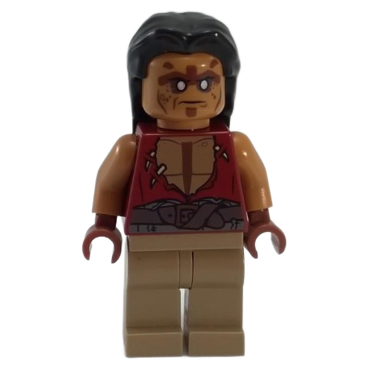 LEGO Pirates of the Caribbean Yeoman Zombie minifigure poc027, with long black hair, a medium nougat undead face print, and a torn red vest. Front view.