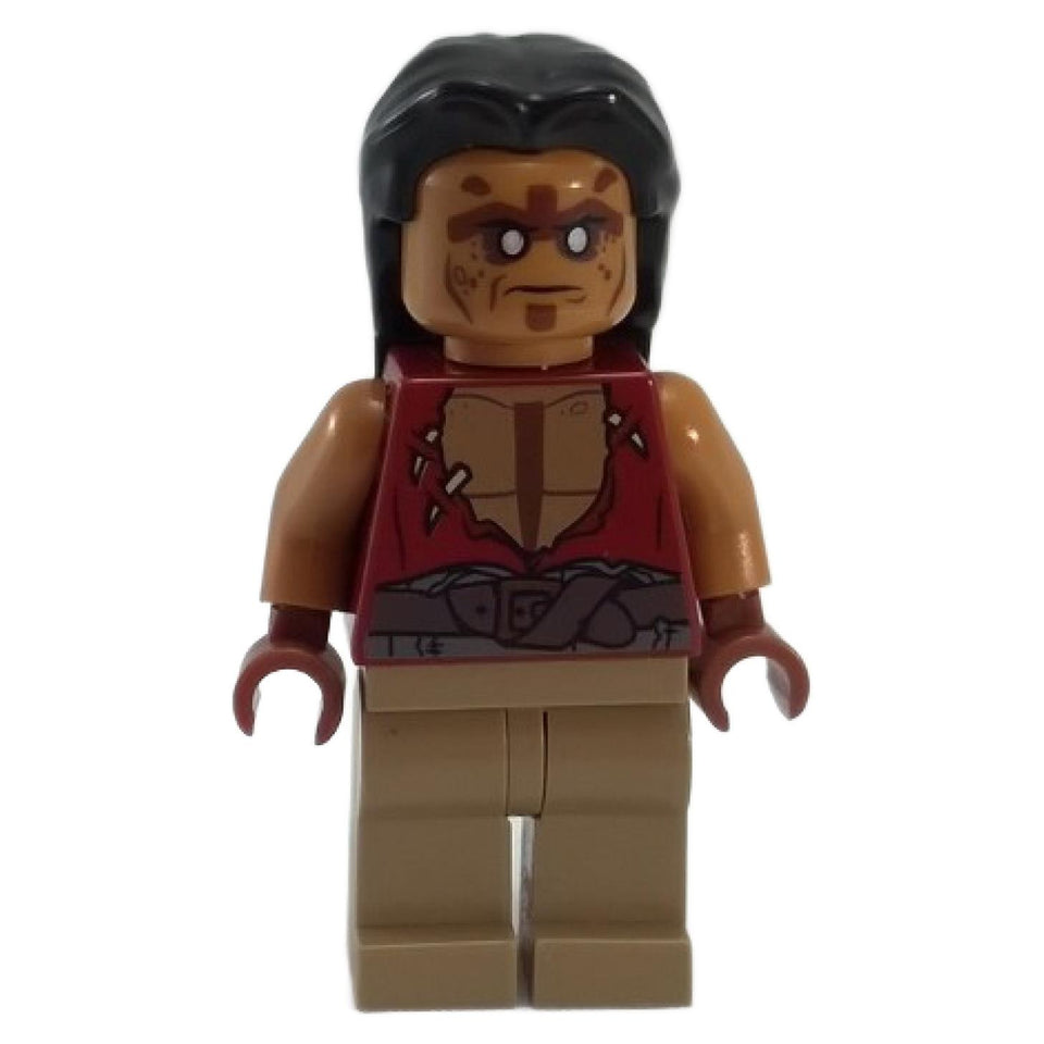 LEGO Pirates of the Caribbean Yeoman Zombie minifigure poc027, with long black hair, a medium nougat undead face print, and a torn red vest. Front view.