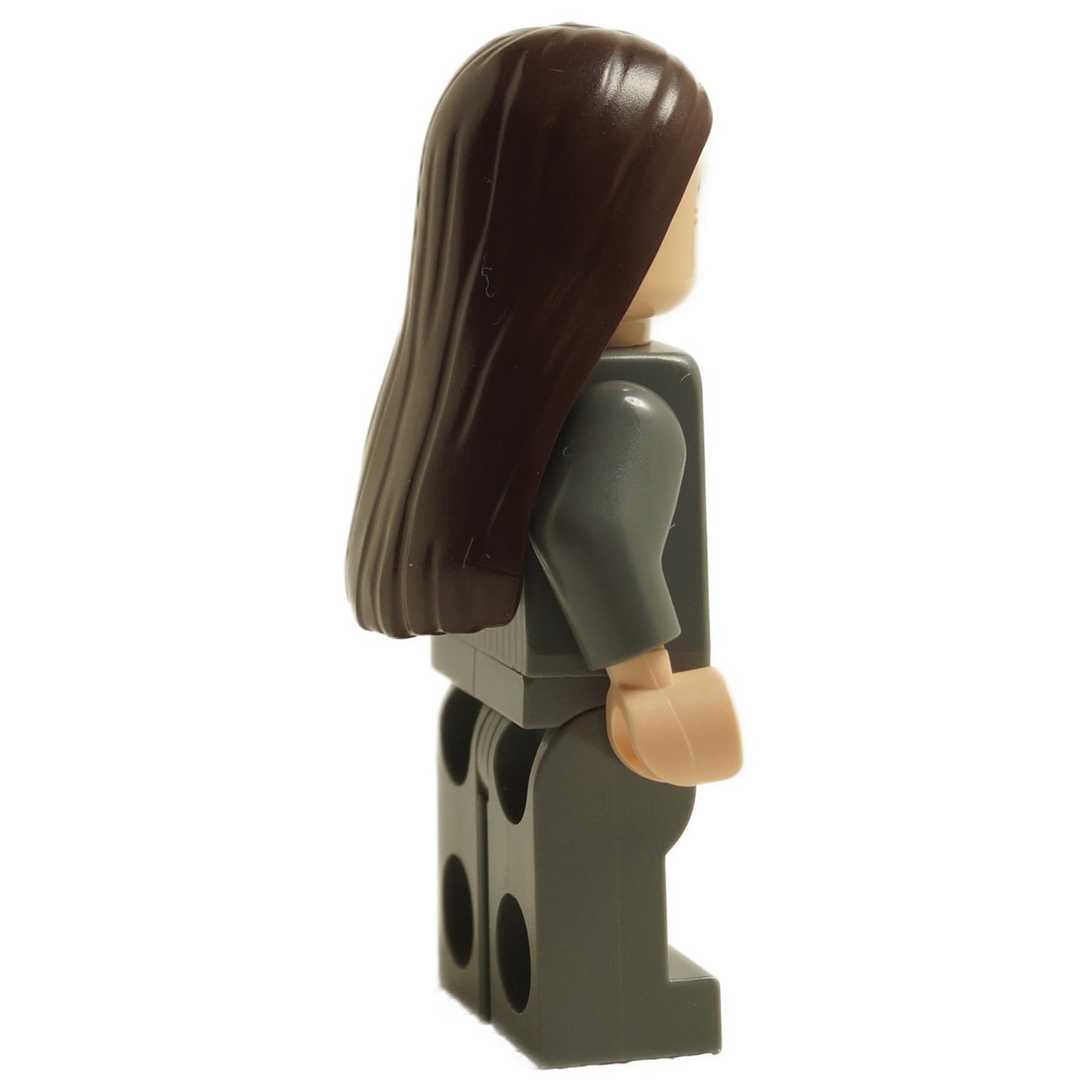 Angled side view of LEGO Pius Thicknesse minifigure hp358 with long brown hair and dark grey suit