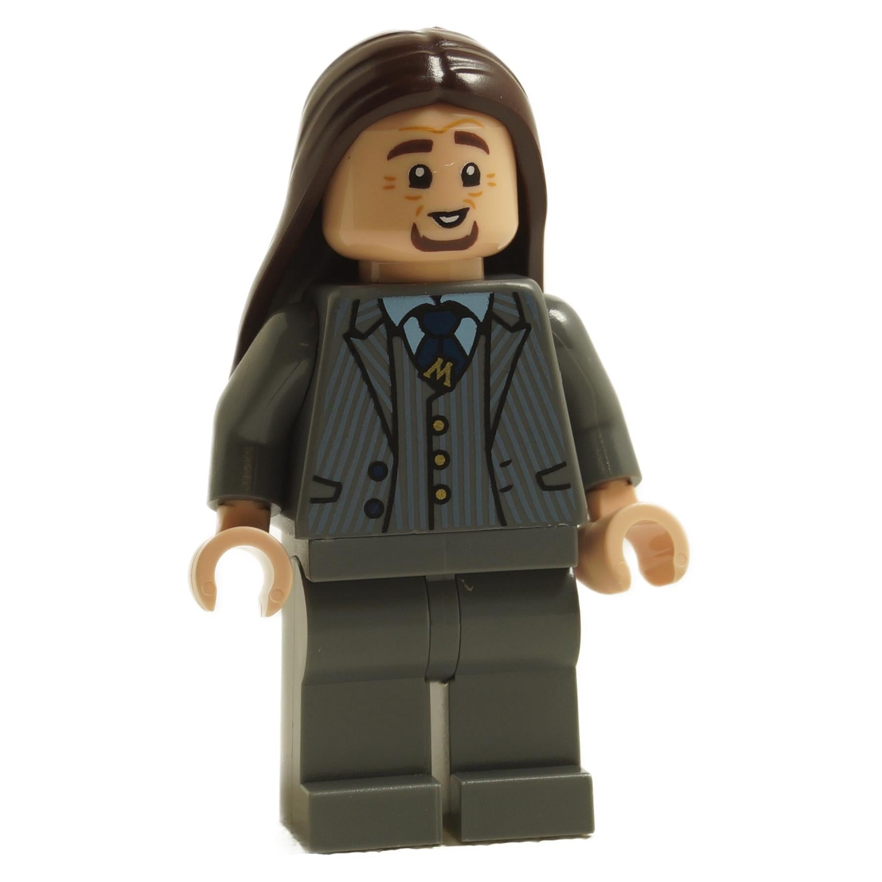 Side view of LEGO Pius Thicknesse minifigure hp358 with long brown hair wearing dark grey suit and tie