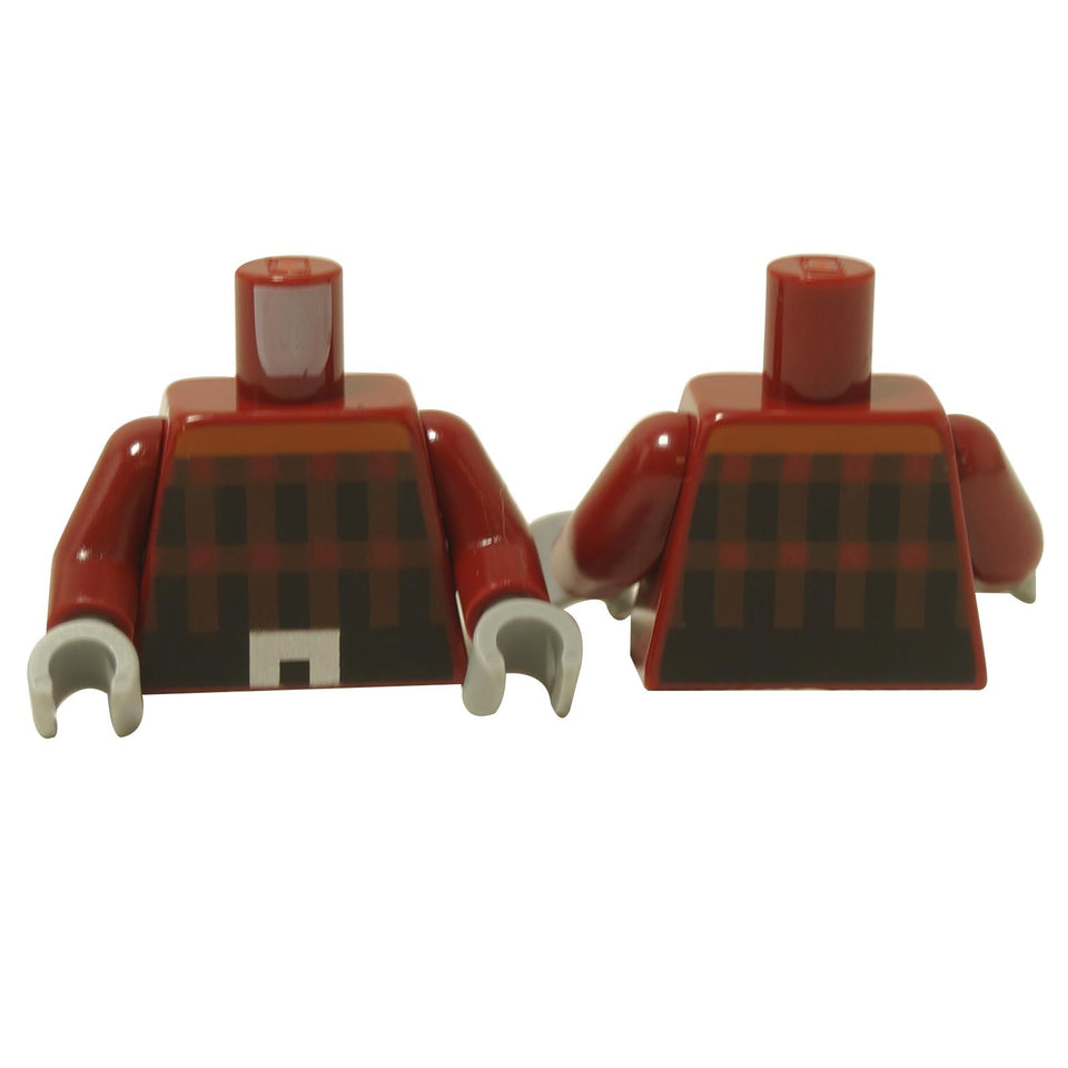 Pixelated torso with dark orange, dark brown, and black stripes, and a silver belt buckle print, designed for LEGO minifigures.