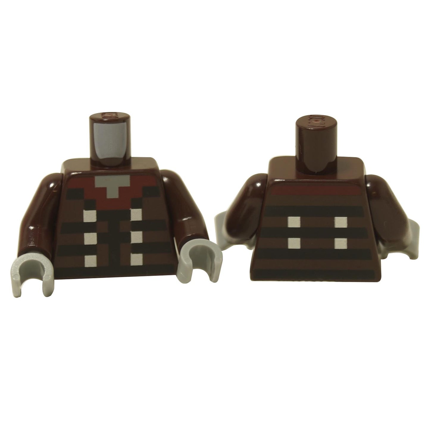 LEGO minifigure torso with a pixelated dark red collar, black stripes, and silver buttons pattern