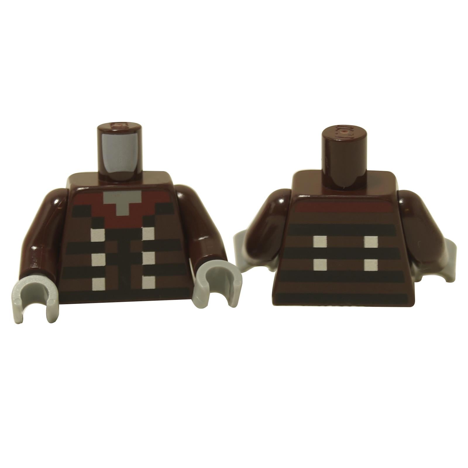 LEGO minifigure torso with a pixelated dark red collar, black stripes, and silver buttons pattern