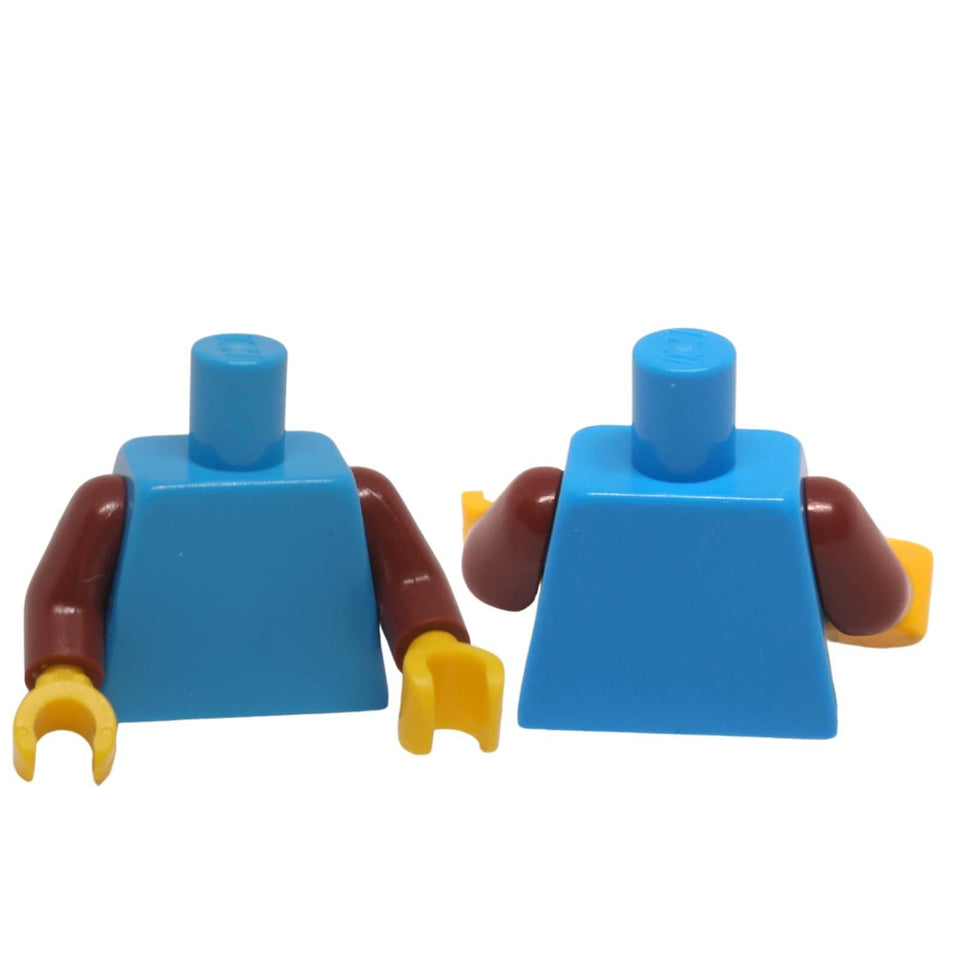 LEGO minifigure torso in medium blue with reddish brown arms and yellow hands for character customization.