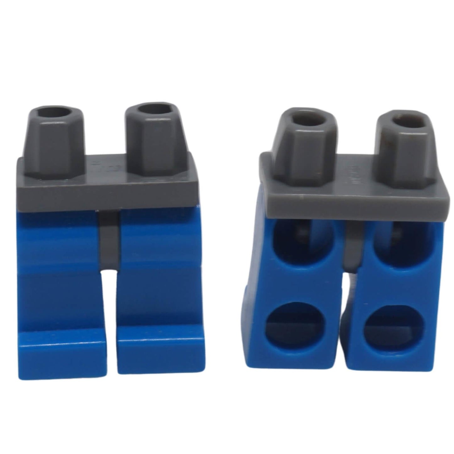 LEGO® plain minifigure hips and legs 970c07 shown with dark bluish grey hips and blue legs, front and back views