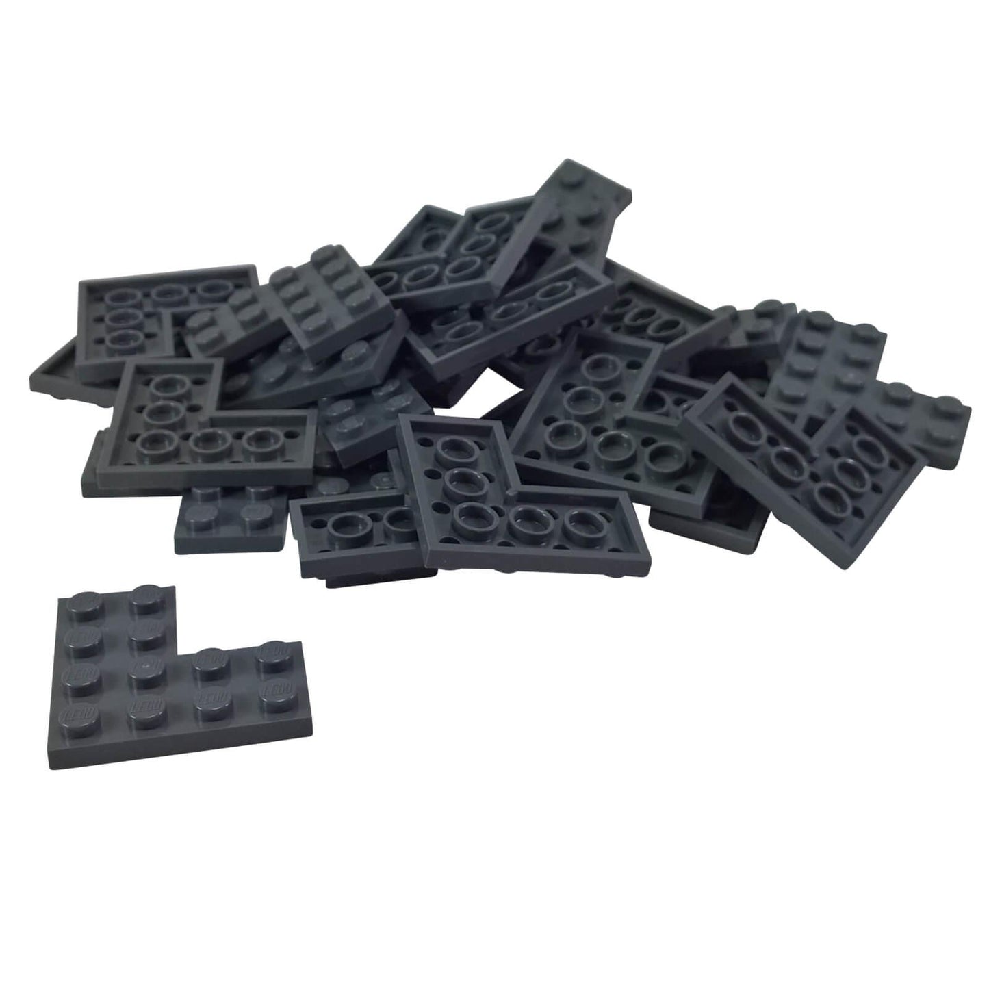 LEGO® plate 4 x 4 corner 2639 in dark bluish gray, used for angled bases and structural builds
