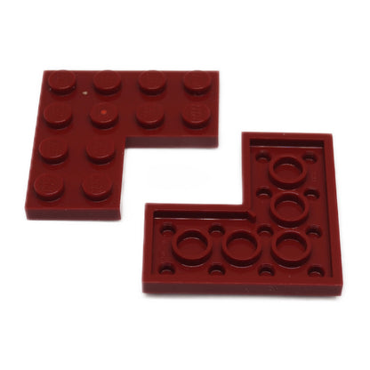 LEGO® plate 4 x 4 corner 2639 in dark red, used for angled floors and clean structural builds
