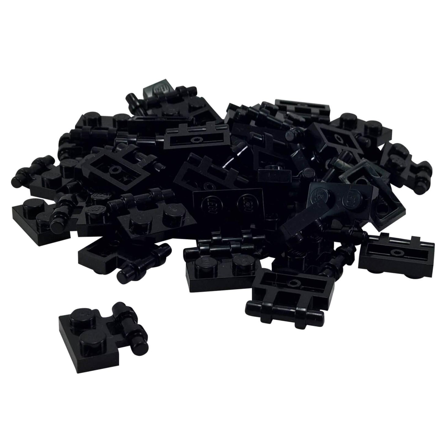 Black modified 1x2 plate with side bar handle and free ends, part 2540, small connector element for minifigure grips
