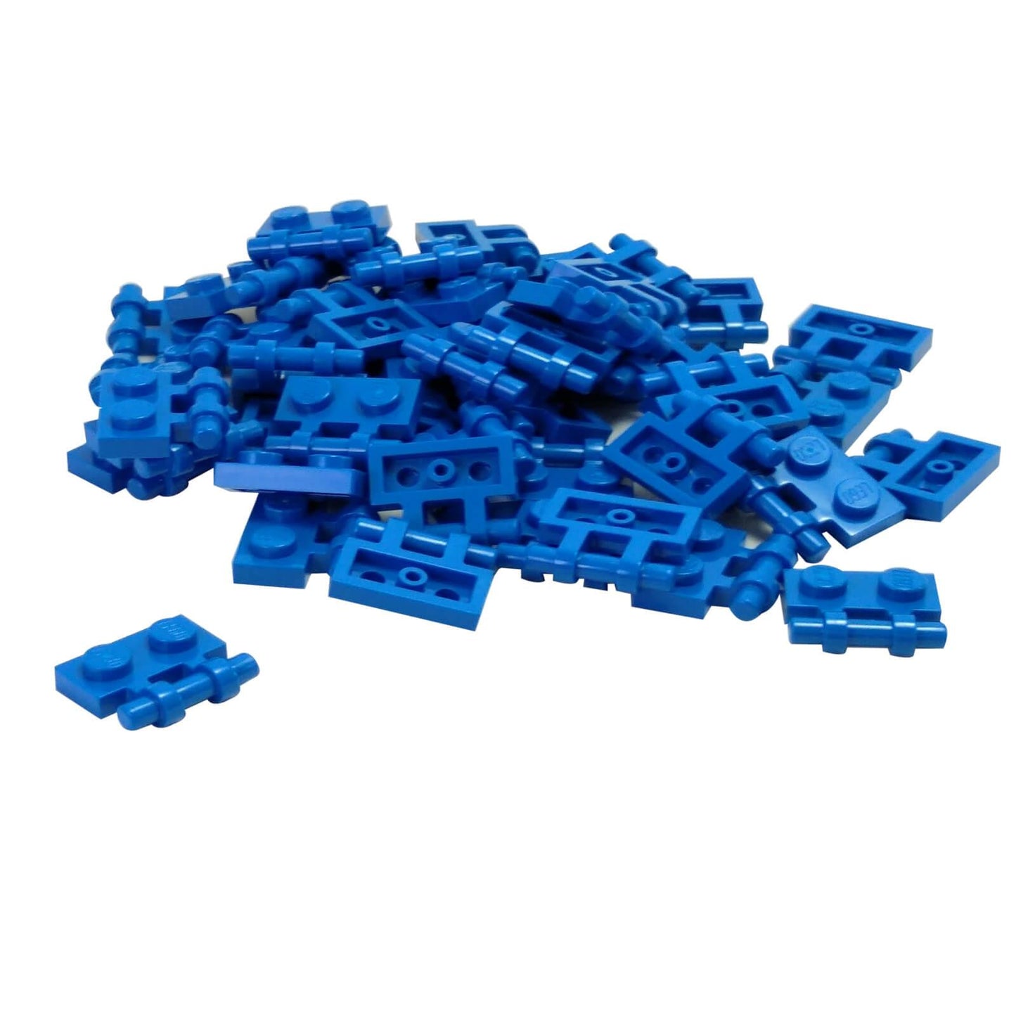 Blue modified 1x2 plate with side bar handle and free ends, part 2540, small connector element for minifigure grips
