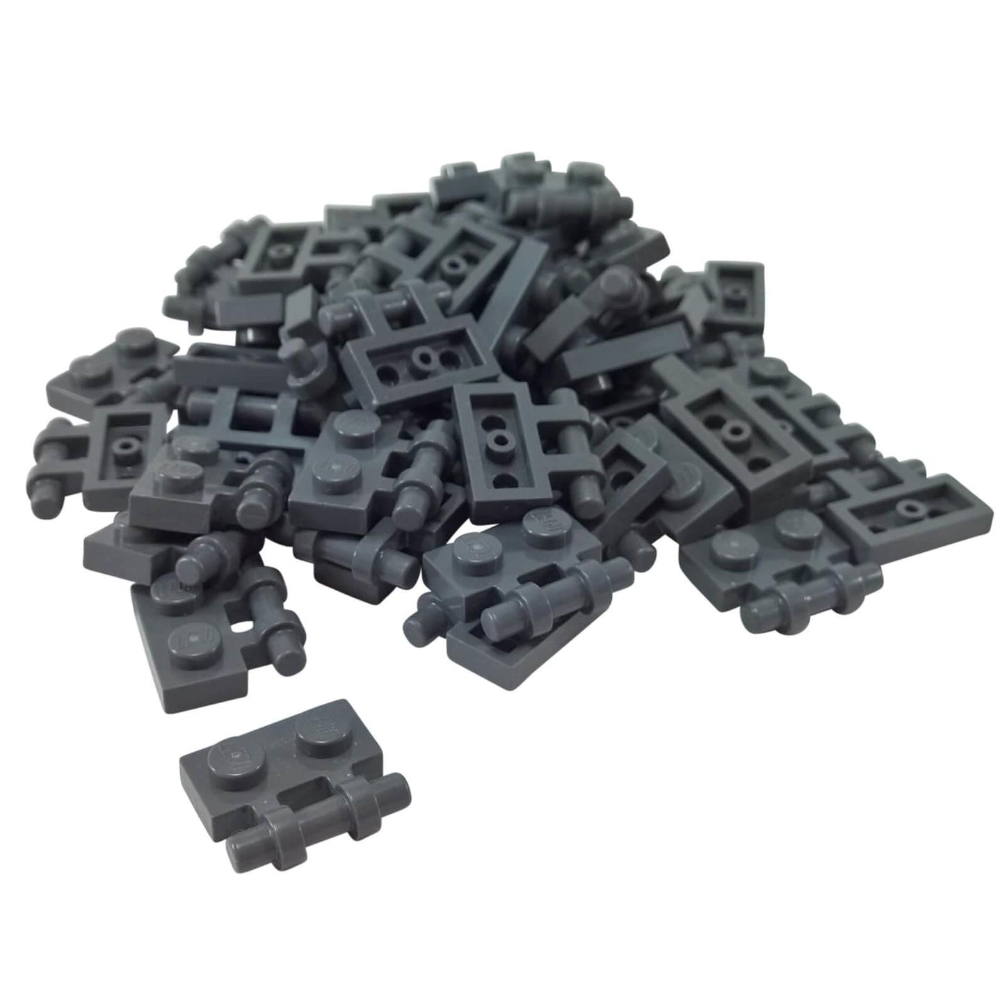 Dark bluish gray modified 1x2 plate with side bar handle and free ends, part 2540, small connector element for minifigure grips
