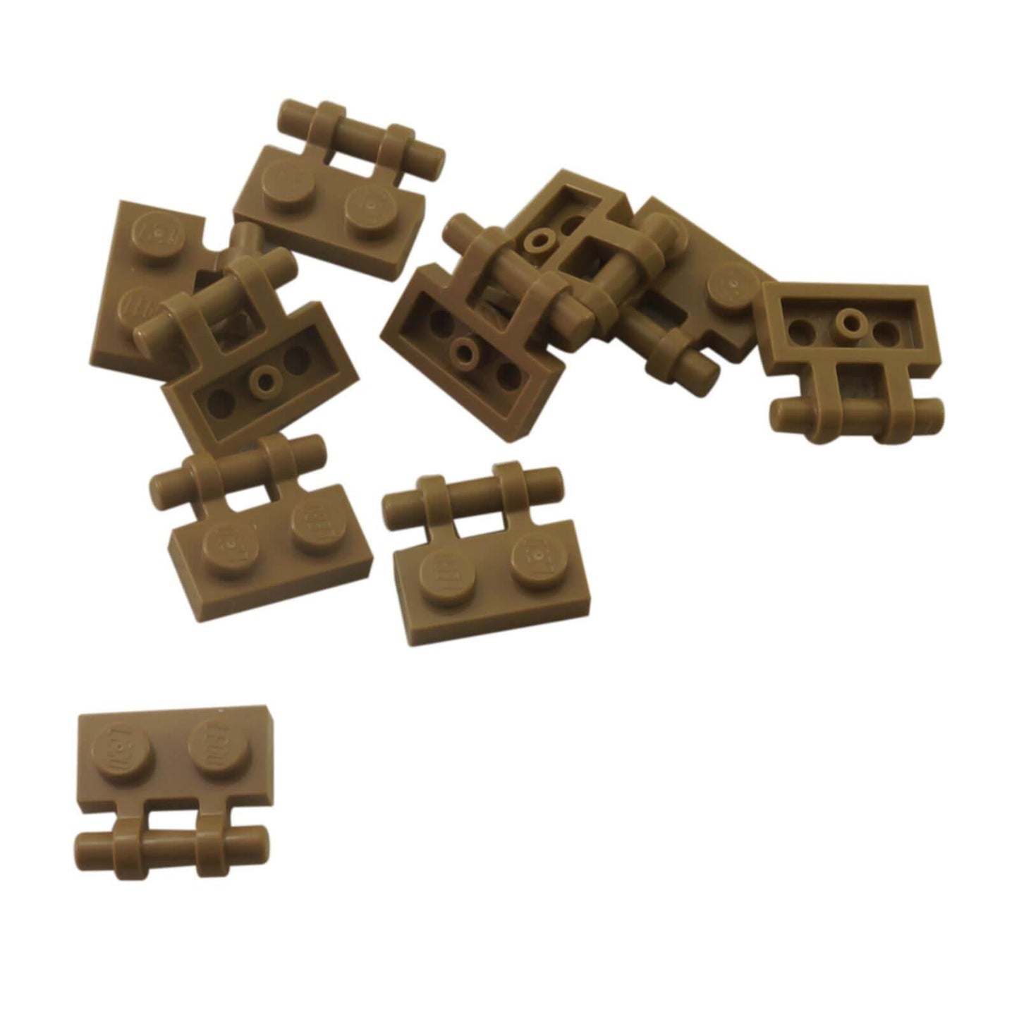 Dark tan modified 1x2 plate with side bar handle and free ends, part 2540, small connector element for minifigure grips
