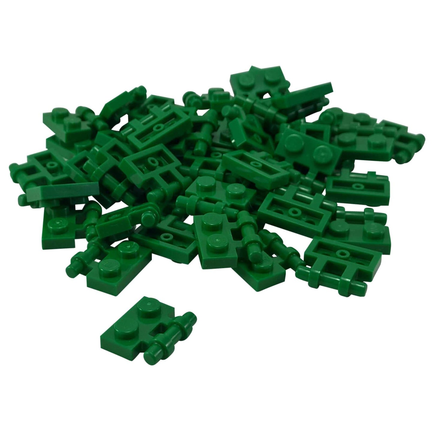 Green modified 1x2 plate with side bar handle and free ends, part 2540, small connector element for minifigure grips
