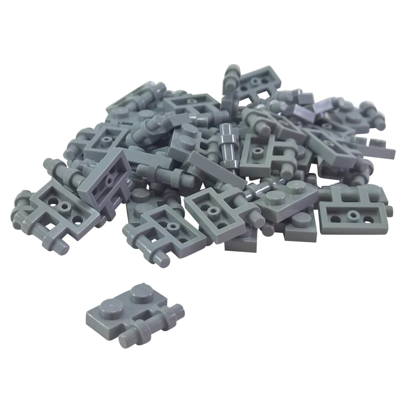Light bluish gray modified 1x2 plate with side bar handle and free ends, part 2540, small connector element for minifigure grips
