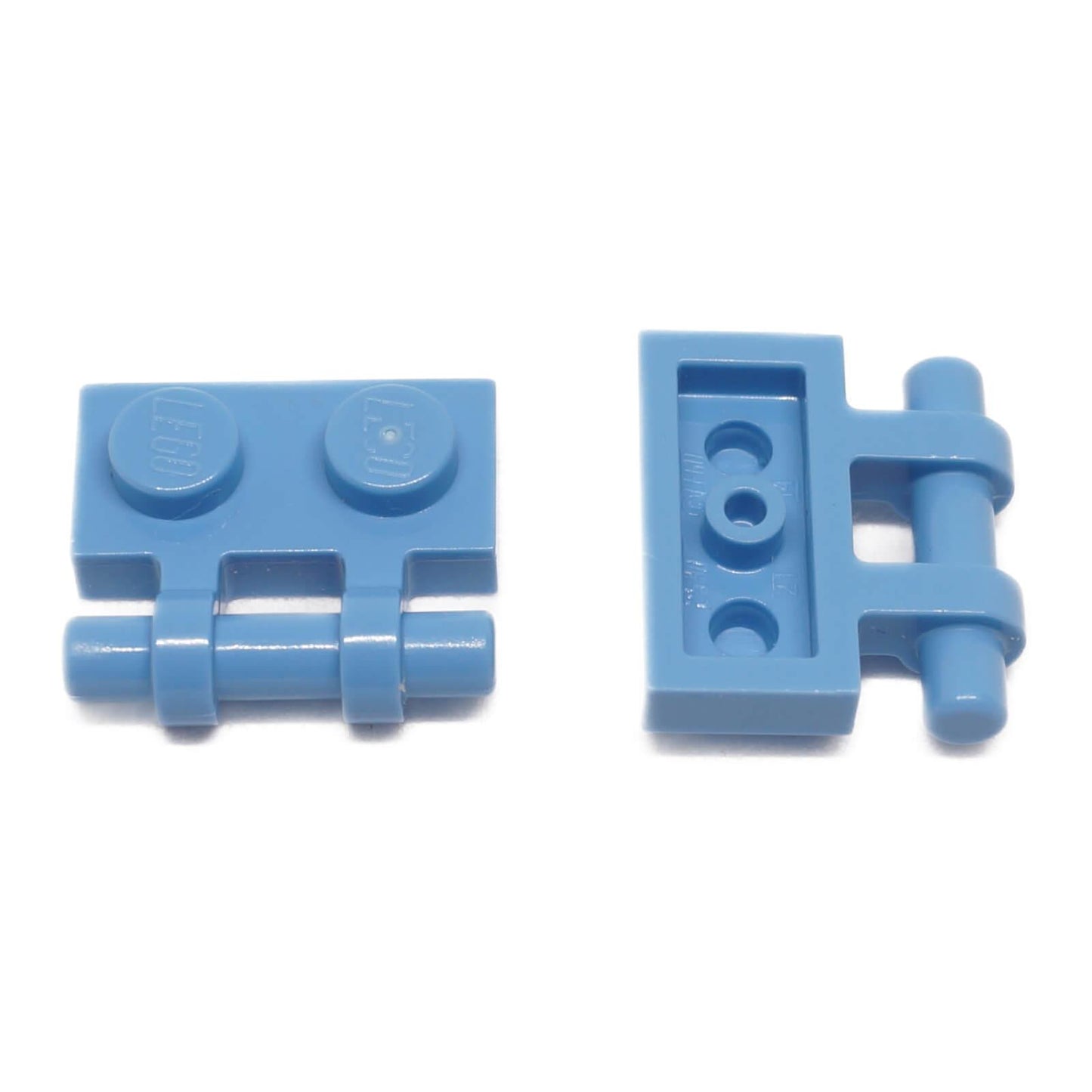 Medium blue modified 1x2 plate with side bar handle and free ends, part 2540, small connector element for minifigure grips
