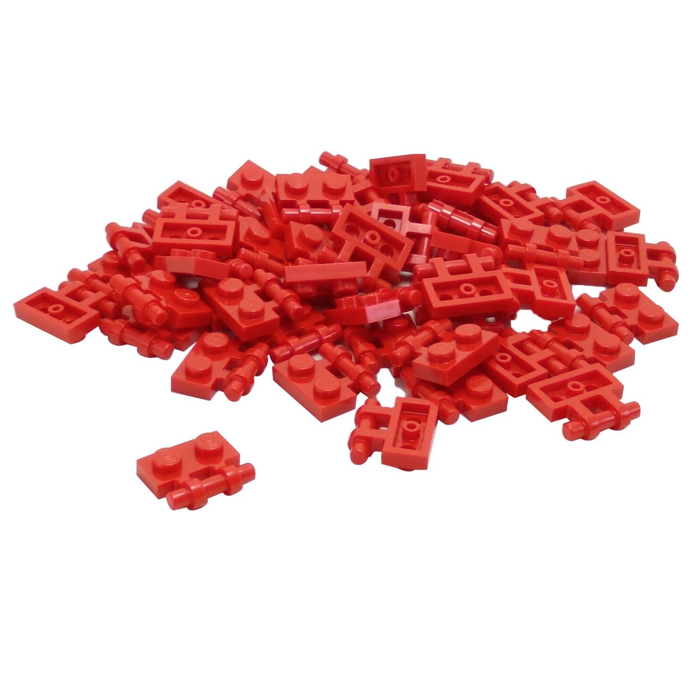 Red modified 1x2 plate with side bar handle and free ends, part 2540, small connector element for minifigure grips
