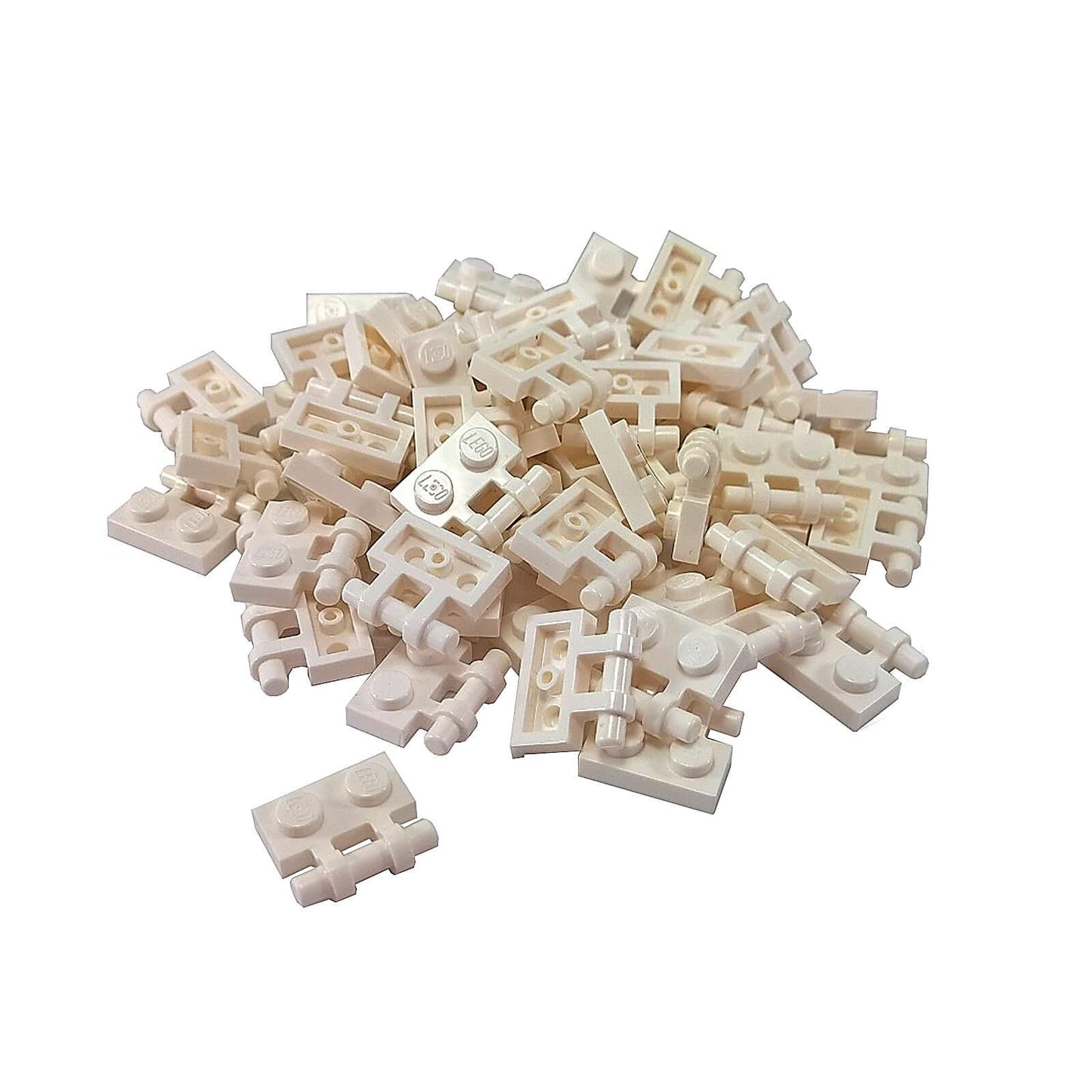 White modified 1x2 plate with side bar handle and free ends, part 2540, small connector element for minifigure grips
