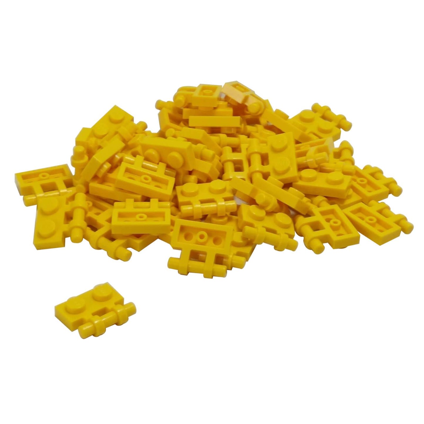 Yellow modified 1x2 plate with side bar handle and free ends, part 2540, small connector element for minifigure grips
