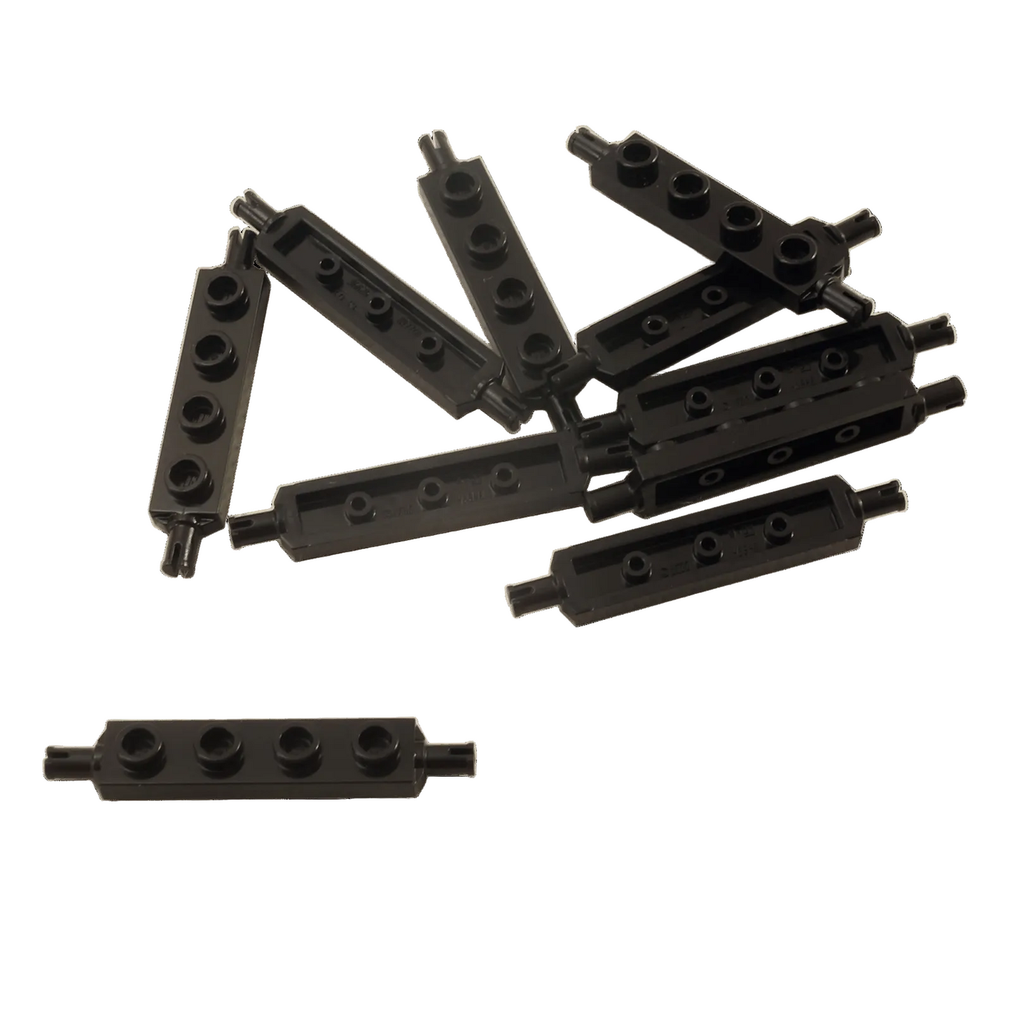 Black modified plate 1 x 4 with wheel holders for building small cars, carts and rolling builds
